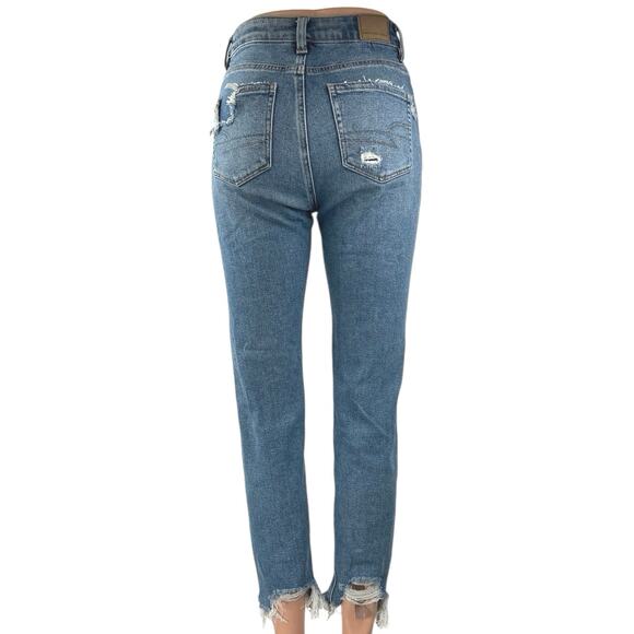 American Eagle Women's Blue Distressed Stretch High Rise Mom Denim Jeans Size 0 - Picture 3 of 5